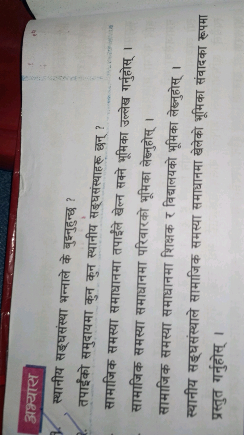 अभ्यास
स्थानीय सङ्घसंस्था भन्नाले के बुद्नुहुन्छ ?
तपाईको समुदायमा कुन