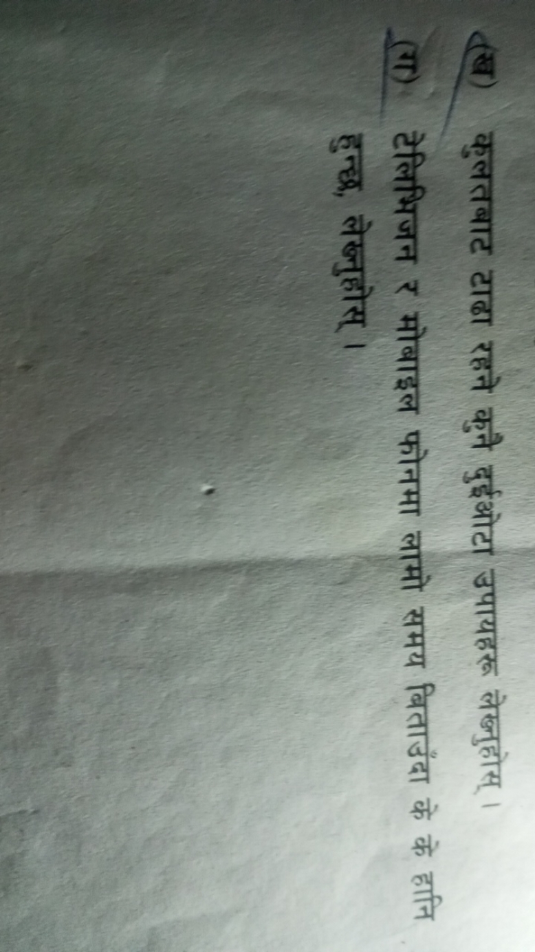 (ख) कुलतबाट टाढा रहने कुने दुईओटा उपायहरू लेख्नुहोस् ।
(ग) टेलिभिजन र 