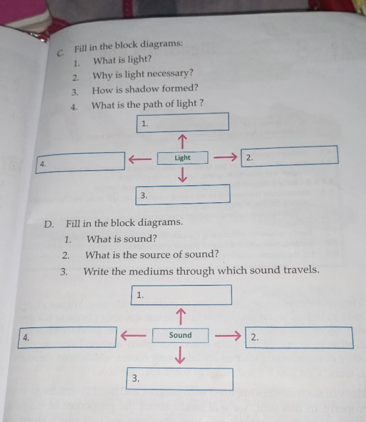 C. Fill in the block diagrams:
1. What is light?
2. Why is light neces