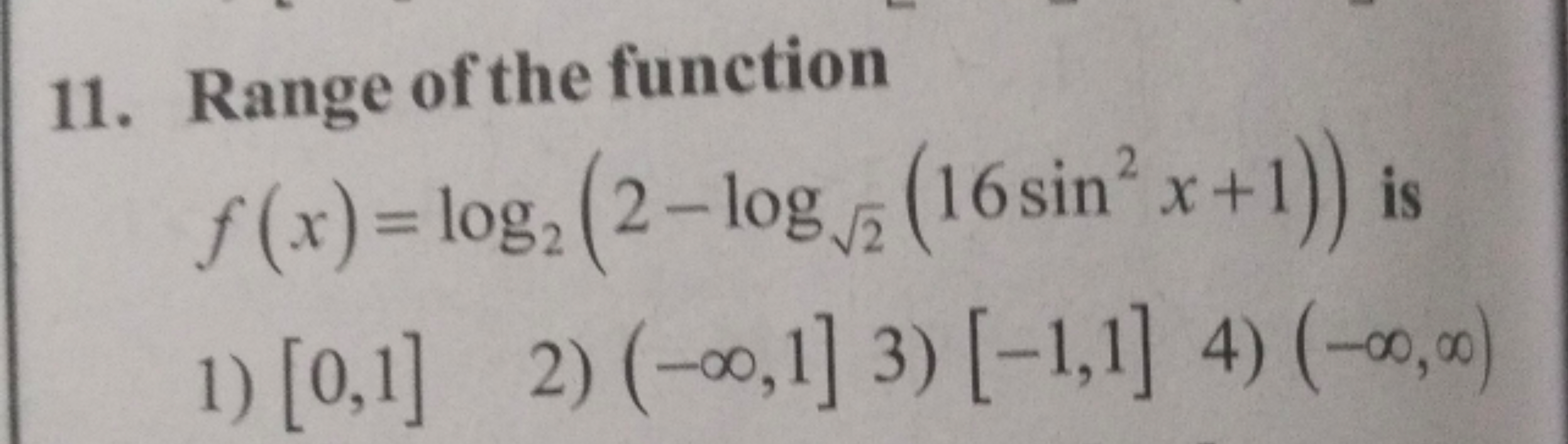 11. Range of the function
f(x) = log₂ (2-log√2 (16 sin2x+1)) is
1) [0,