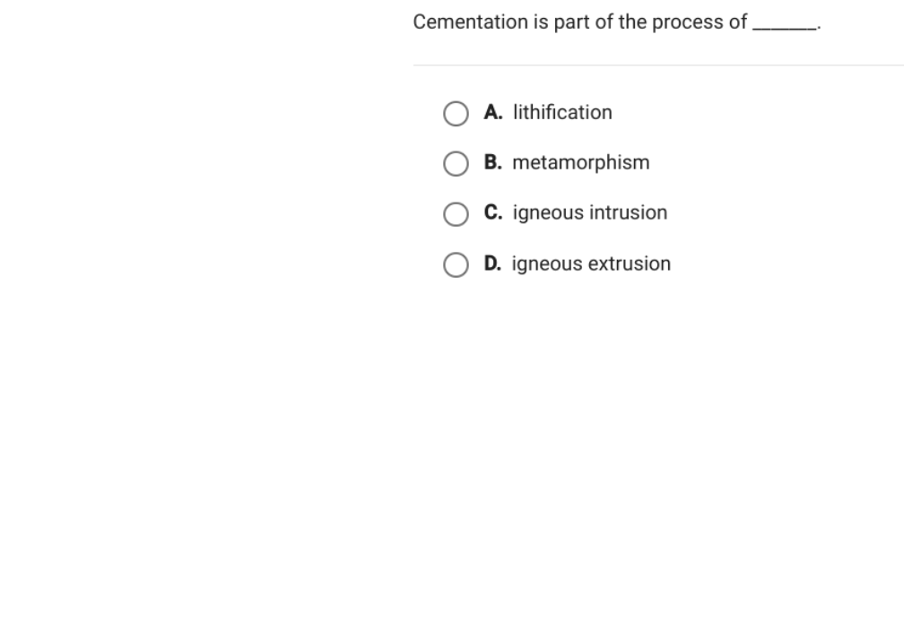 Cementation is part of the process of 
A. lithification
B. metamorphis