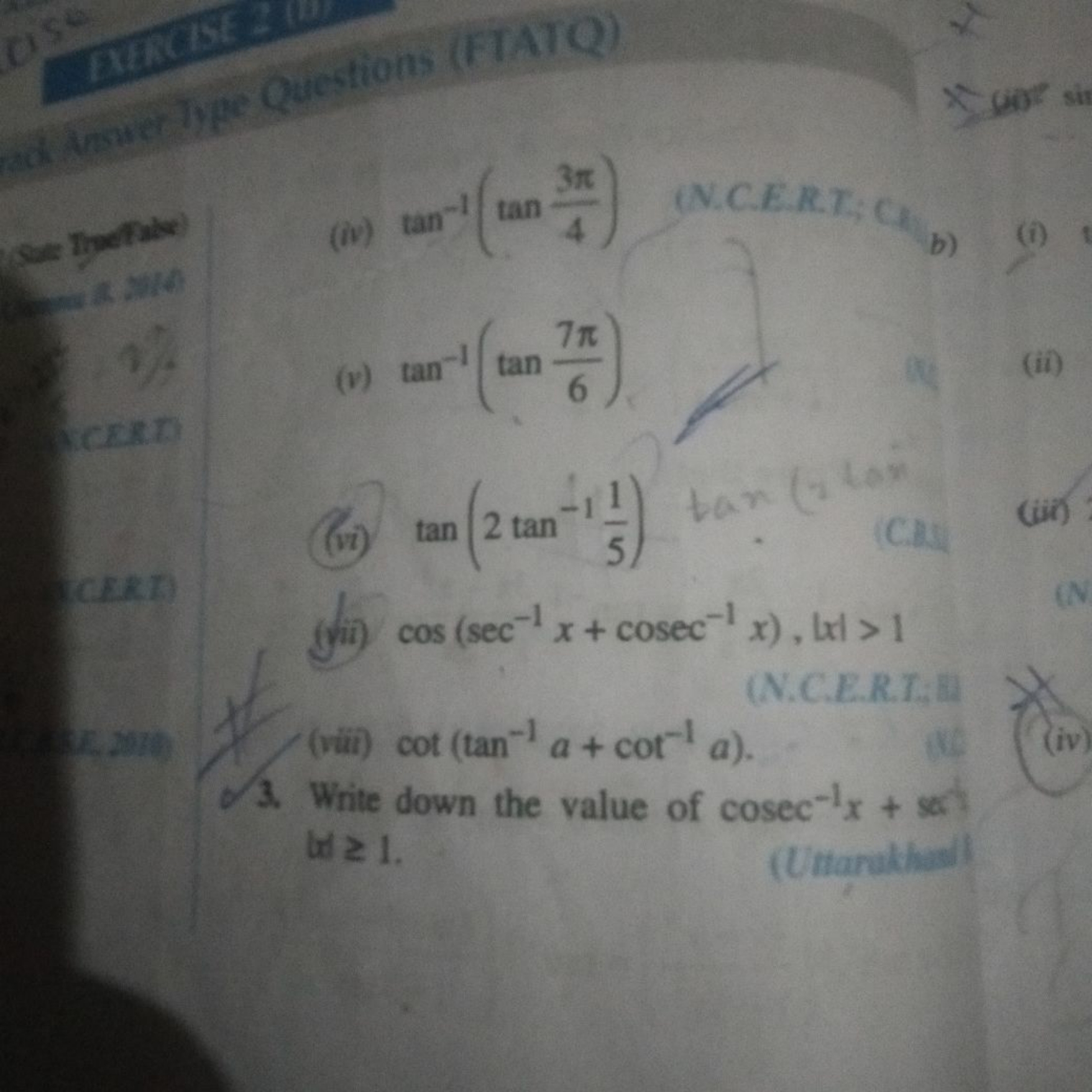 ad Mnver lype Questions (FTATQ)
(iof) sil
setryefole
(iv) tan−1(tan43π