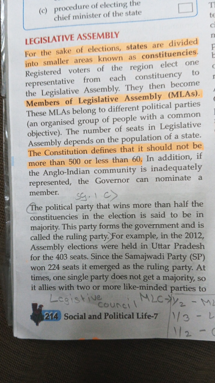 (c) procedure of electing the chief minister of the state

LEGISLATIVE