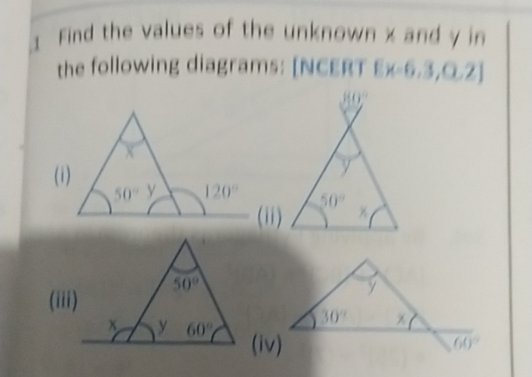 1 Find the values of the unknown x and y in the following diagrams: (N