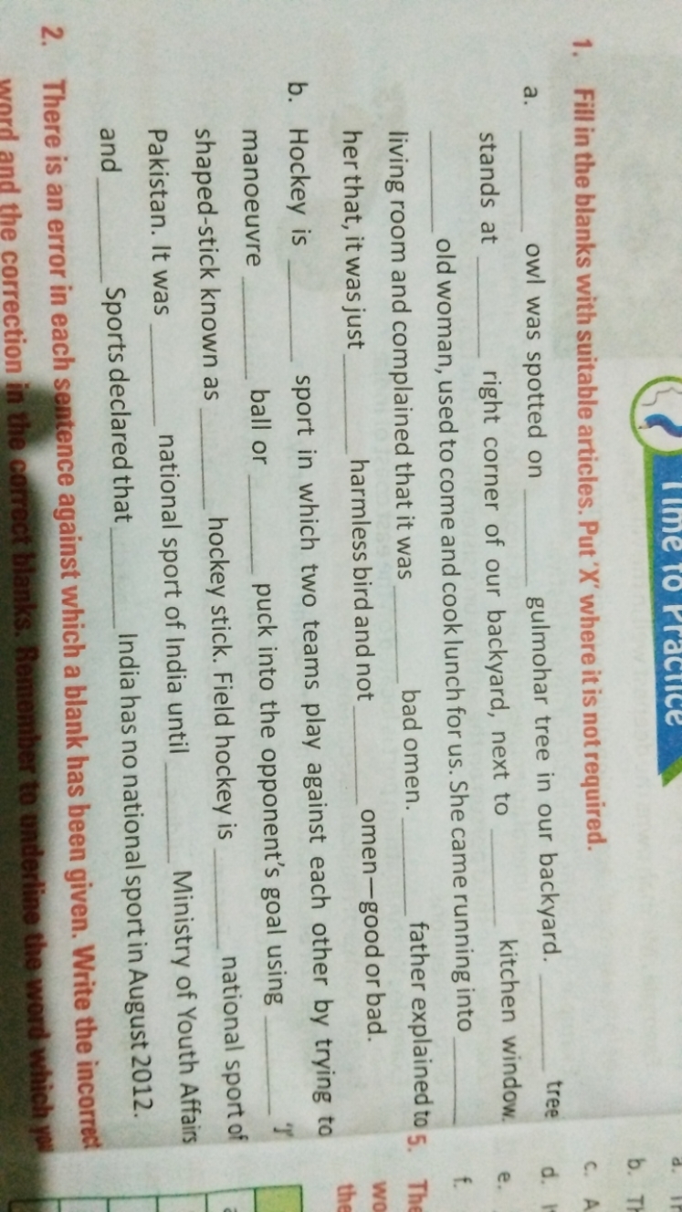 1. Fill in the blanks with suitable articles. Put ' X ' where it is no