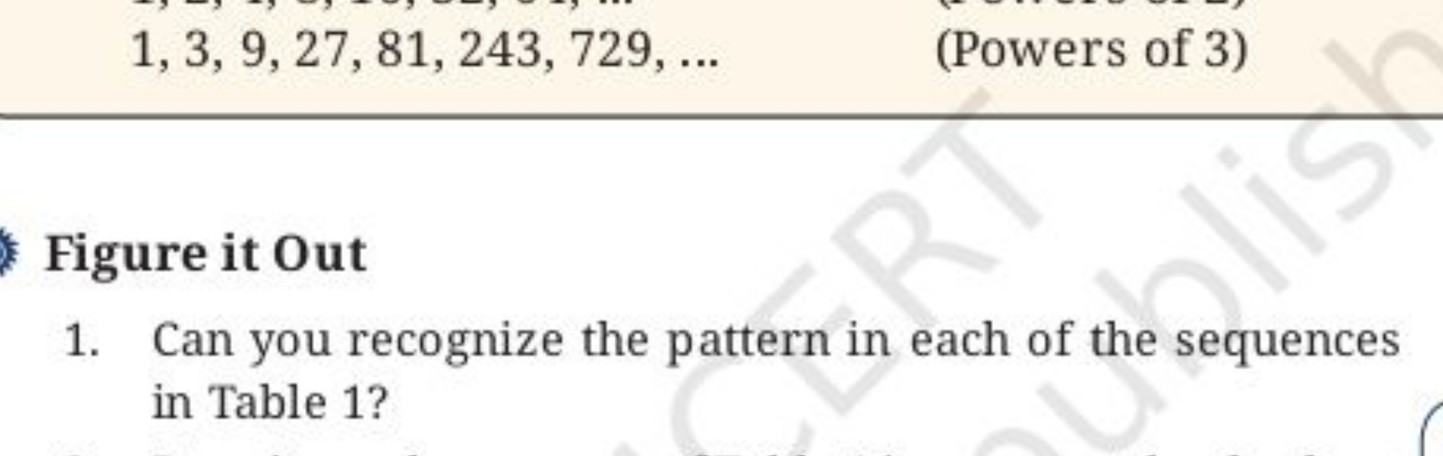 1,3,9,27,81,243,729,…
(Powers of 3)

Figure it Out
1. Can you recogniz