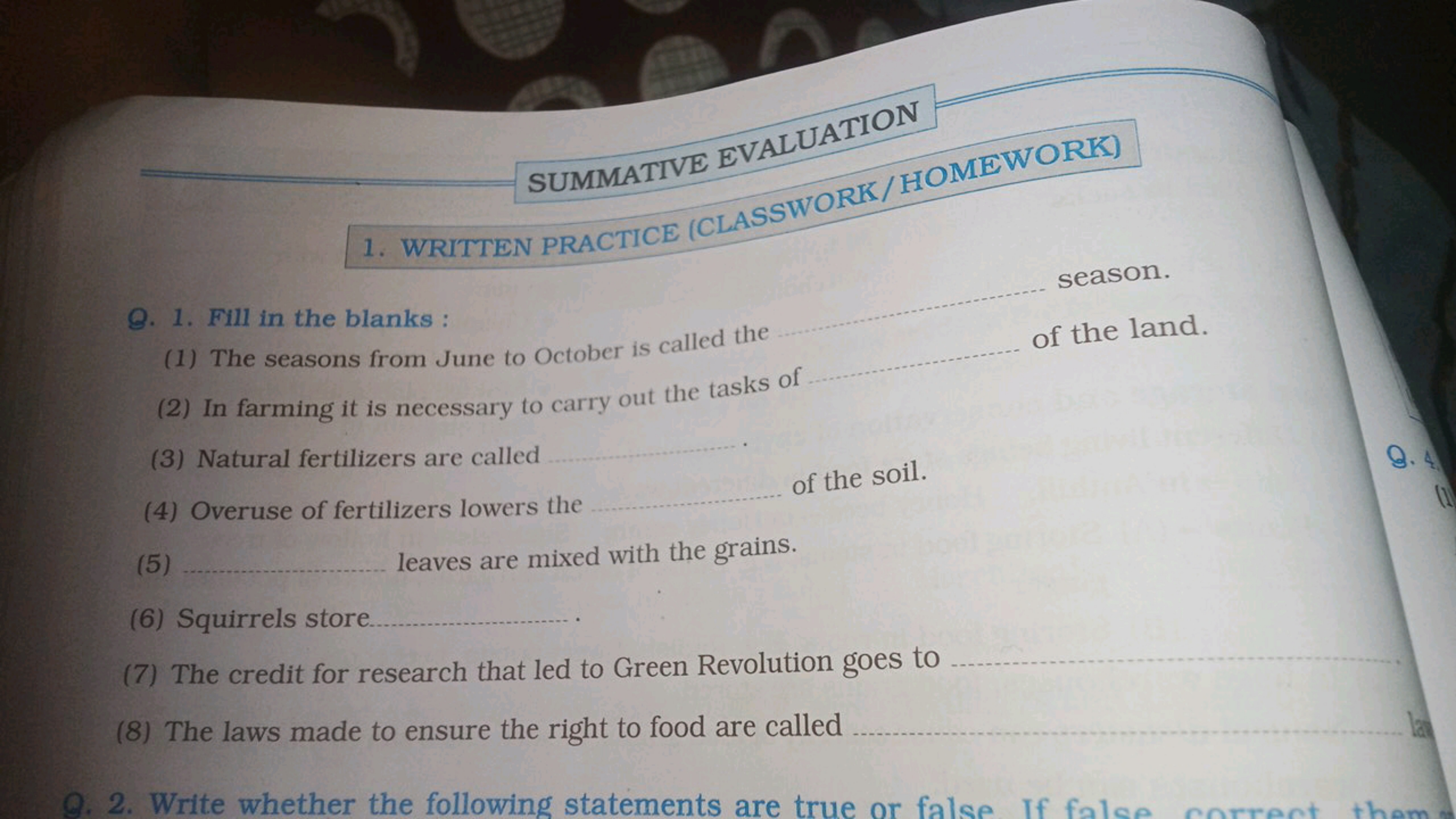 1. WRITTEN PRACTICE (CLASSWORK/HOMEWORK)
SUMMATIVE season.
Q. 1. Fill 