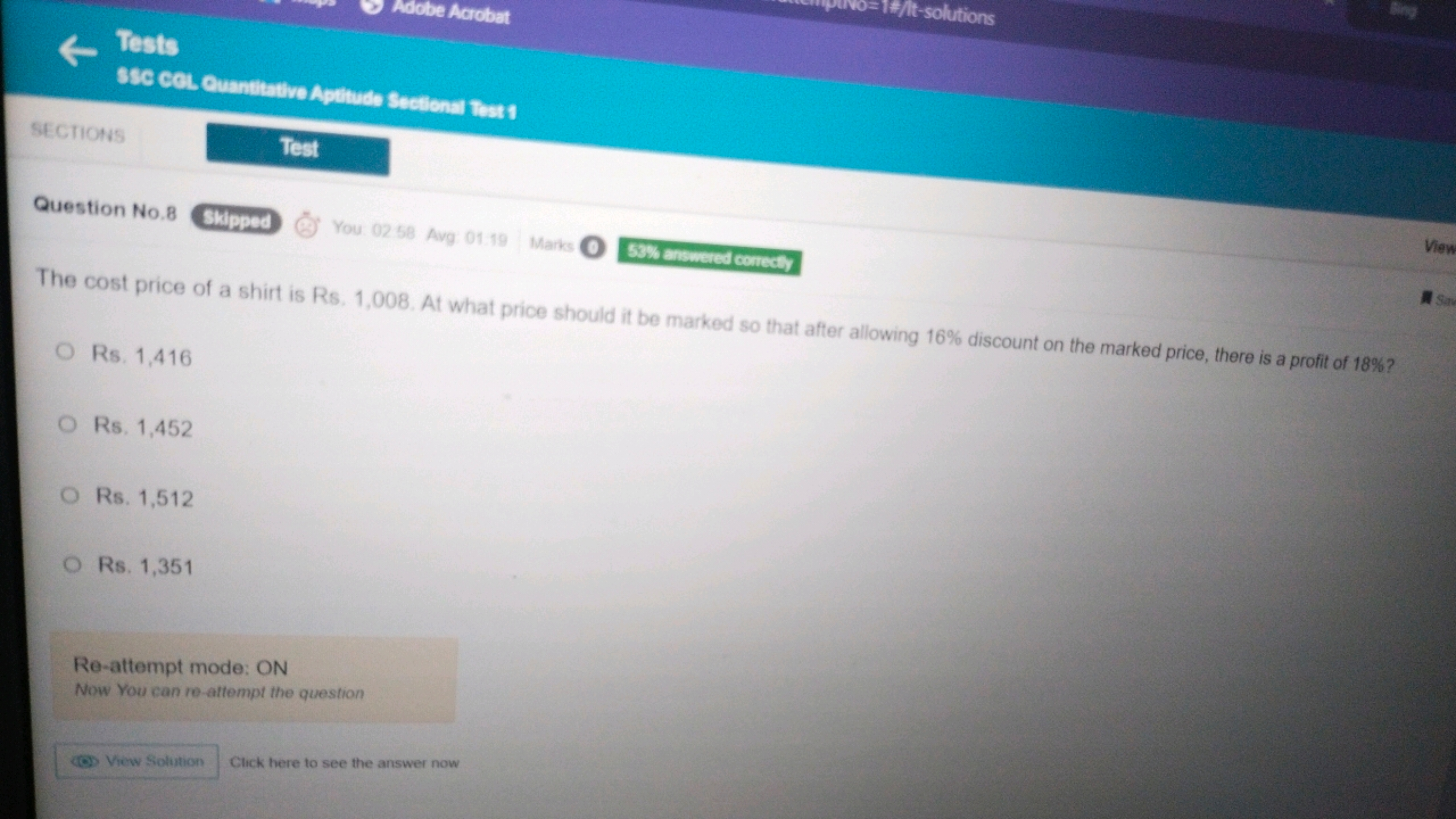 Arobe Acrobat
Tests
SECTIOHS
Test
Question No. 8
Skipped
You. 0258 Avg