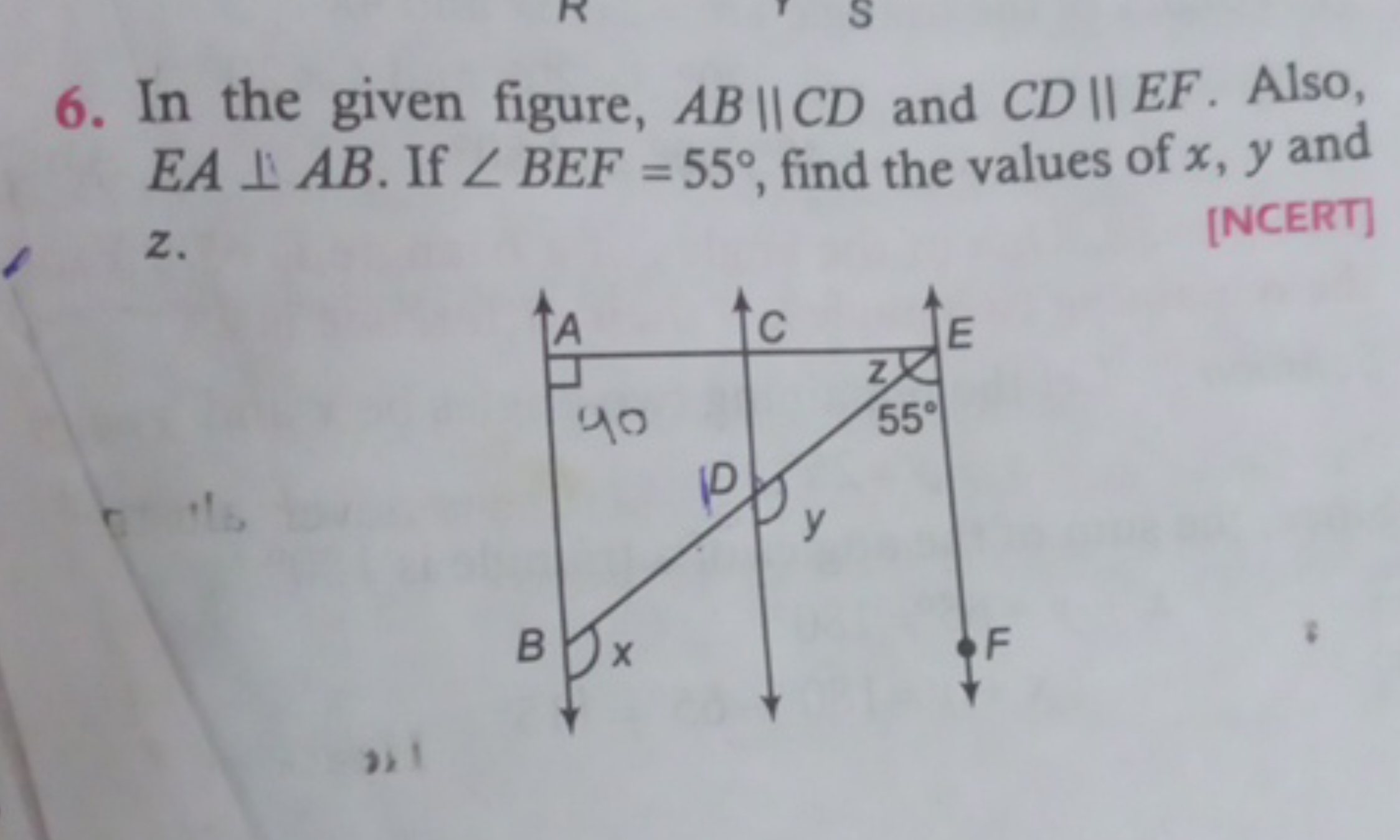 6. In the given figure, AB∥CD and CD∥EF. Also, EA⊥AB. If ∠BEF=55∘, fin