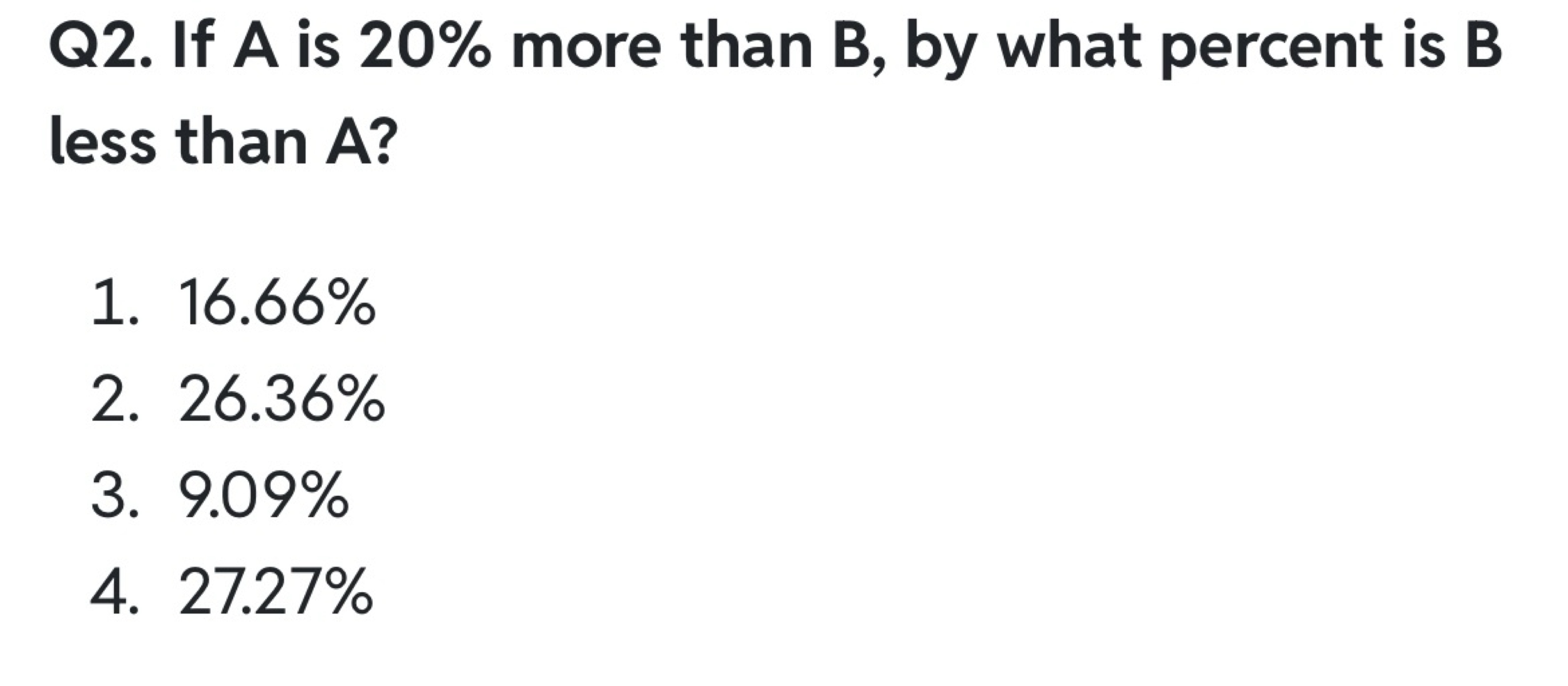 Q2. If A is 20% more than B, by what percent is B less than A ?
1. 16.