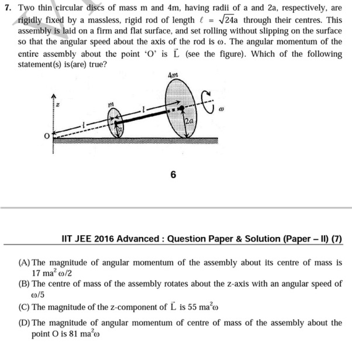 7. Two thin circular discs of mass m and 4 m , having radii of a and 2