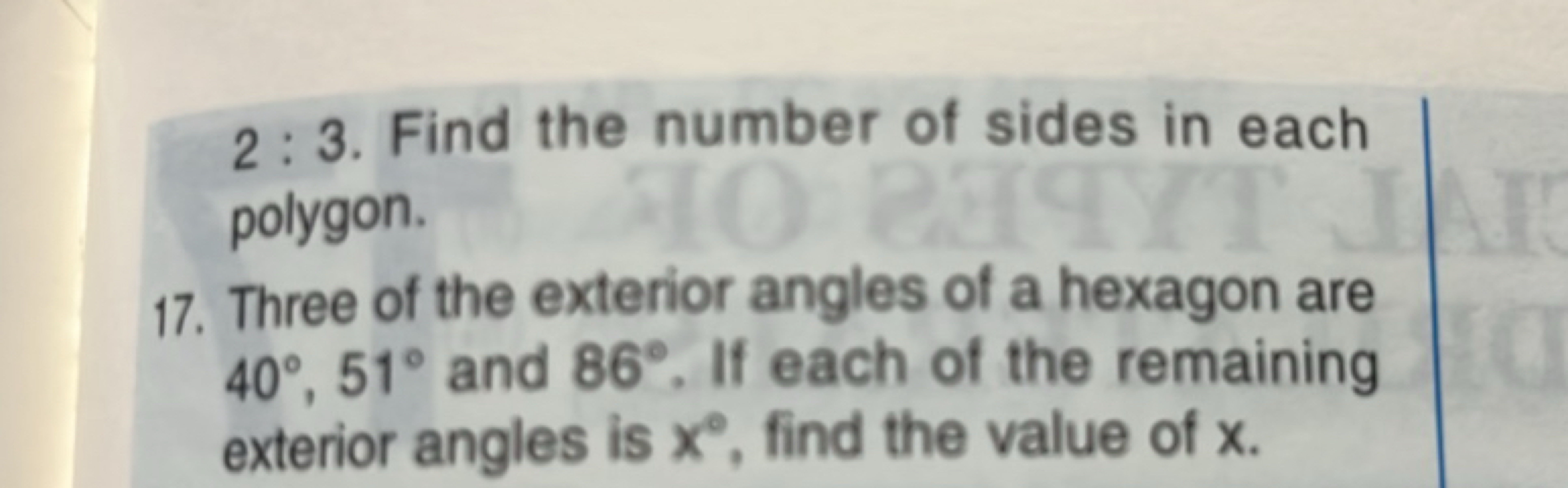 2:3. Find the number of sides in each polygon.
17. Three of the exteri