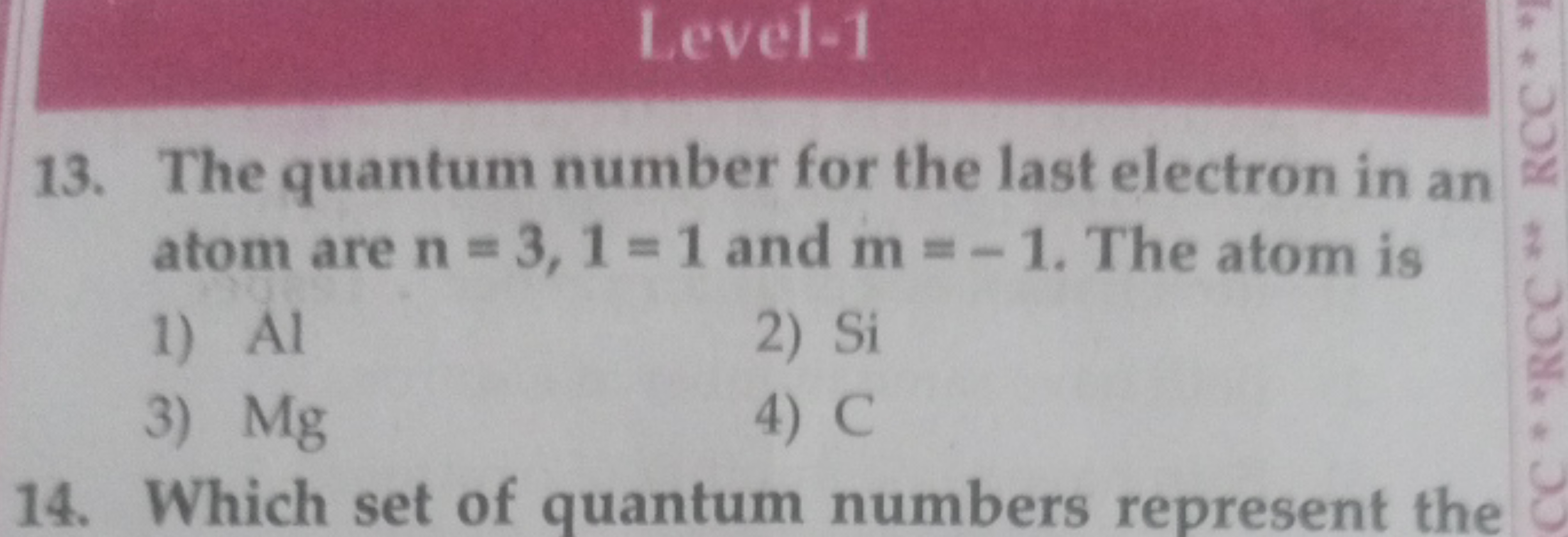 Level-1
13. The quantum number for the last electron in an atom are n=