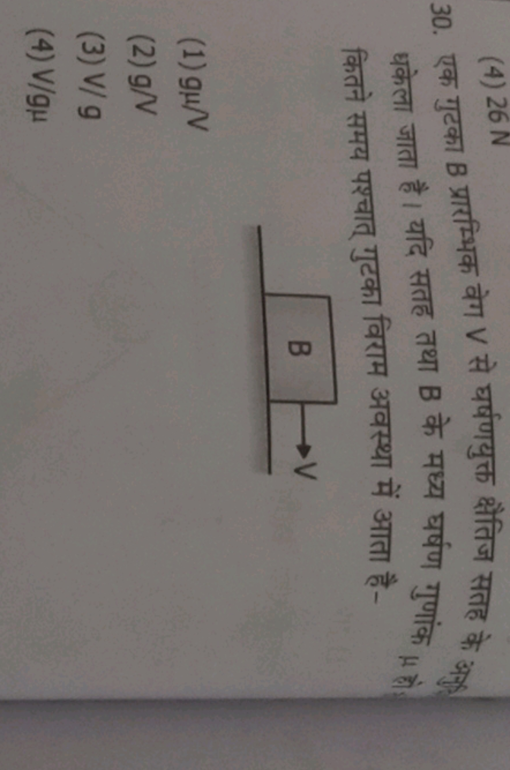 (4) 26 N
30. एक गुटका B प्रारम्भिक वेग V से घर्षणयुक्त क्षैतिज सतह के 