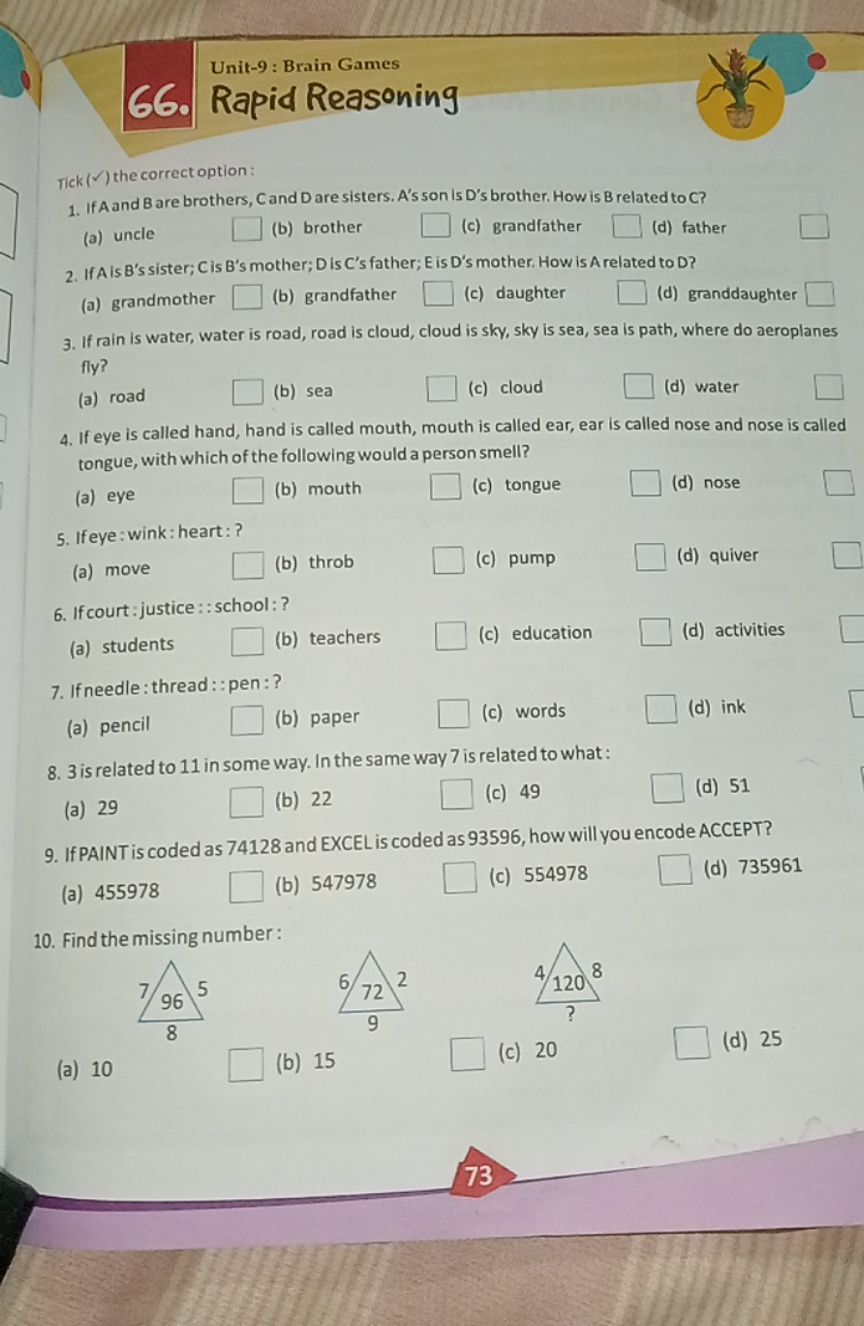 Unit-9: Brain Games
66. Rapid Reasoning
rick( ( ) the correct option :