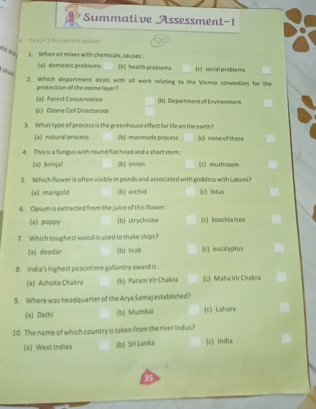 Summative Assessment-1
A. Tick ( ✓ ) the correct option:
1. When air m