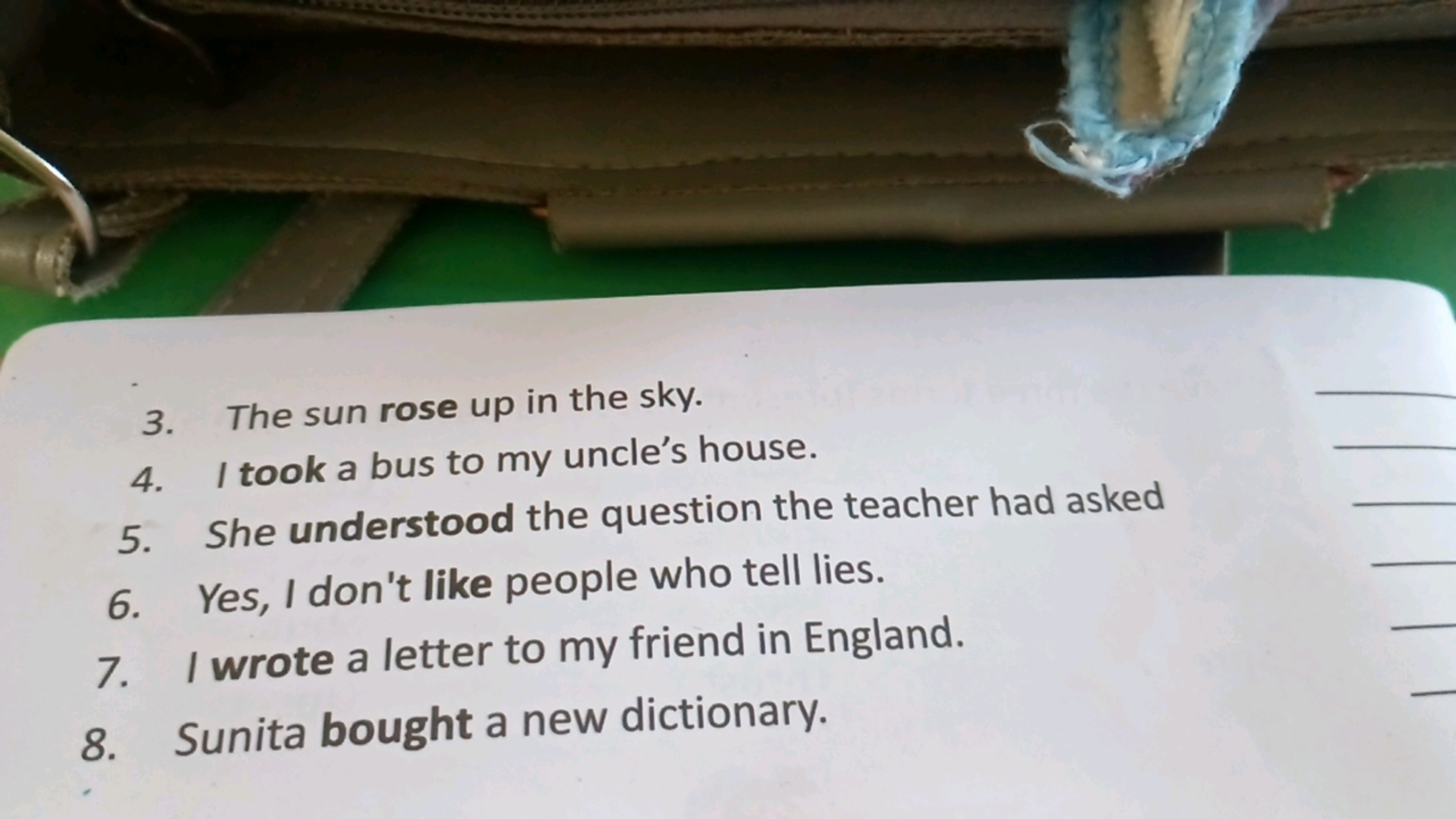 3.
The sun rose up in the sky.
4.
I took a bus to my uncle's house.
5.