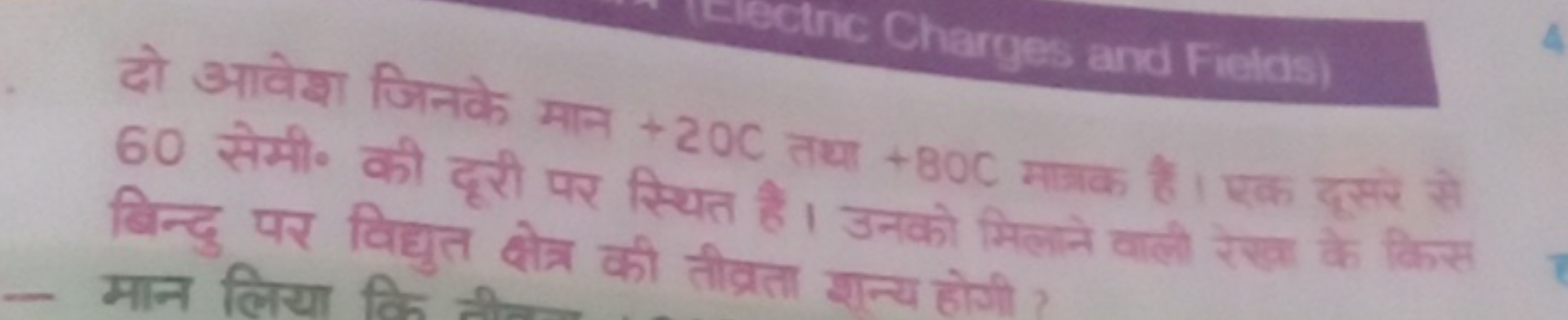 दो आवेश जिनके मान + 20 C तथा + 80 C माँक हैं। एक दसरे से 60 सेमी० की द