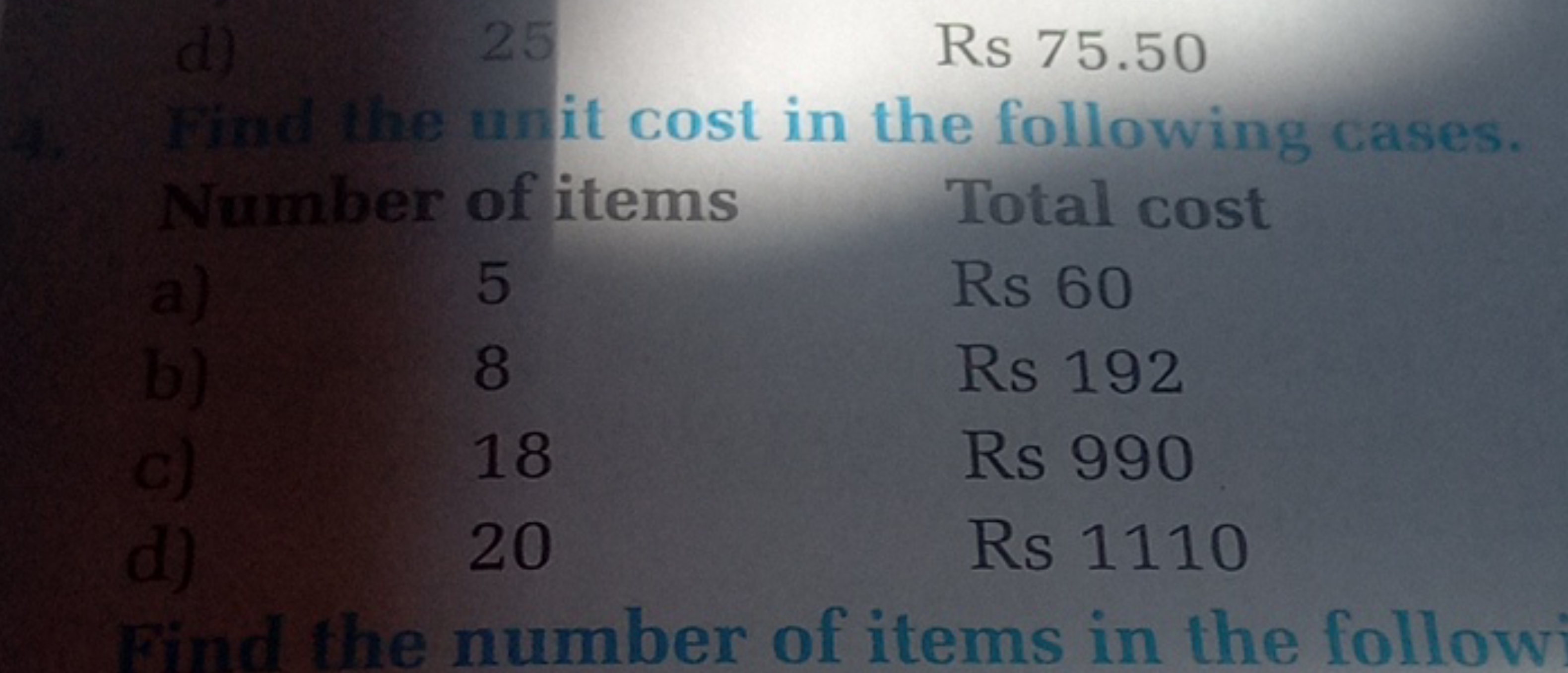 d)
25
Rs 75.50
Wind the un it cost in the following cases.
Number of i