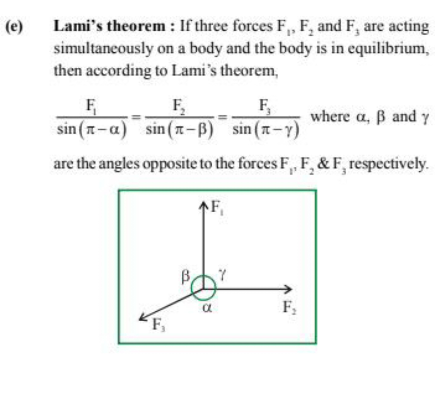 (e) Lami's theorem : If three forces F1​, F2​ and F3​ are acting simul