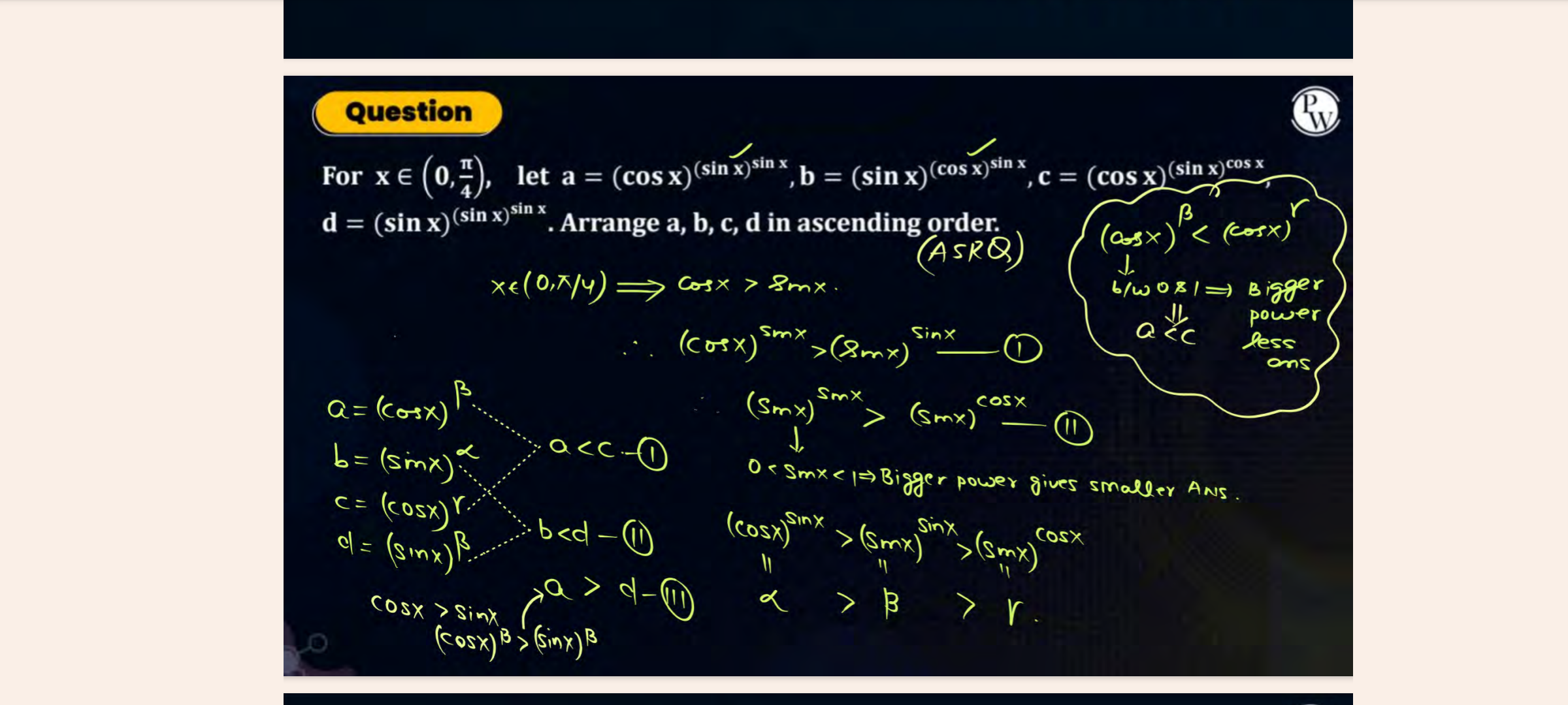 Question
(W
For x∈(0,4π​), let a=(cosx)(sinx)sinx,b=(sinx)(cosx)sinx,c