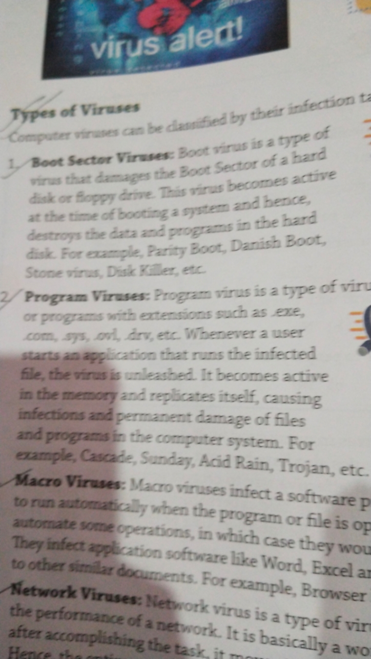 Types of Viruses
Computer viruses can be clannified by their infection