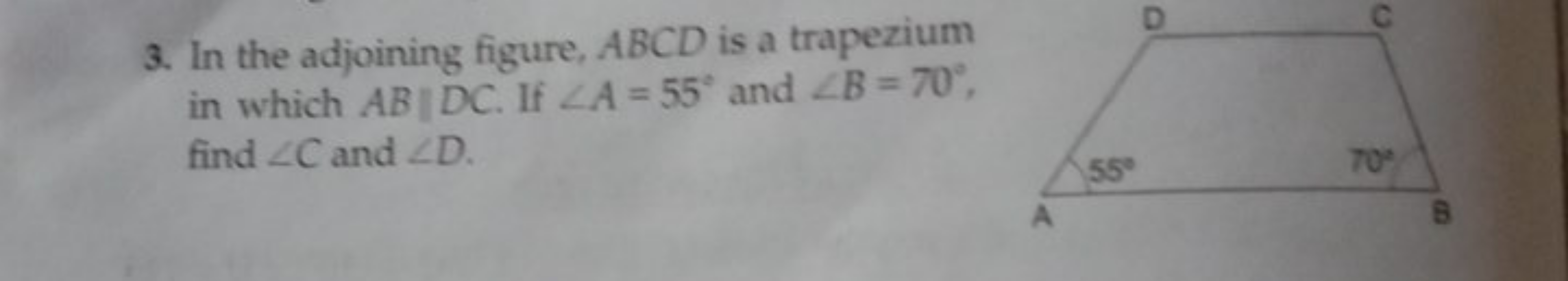 3. In the adjoining figure, ABCD is a trapezium in which AB∥DC. If ∠A=