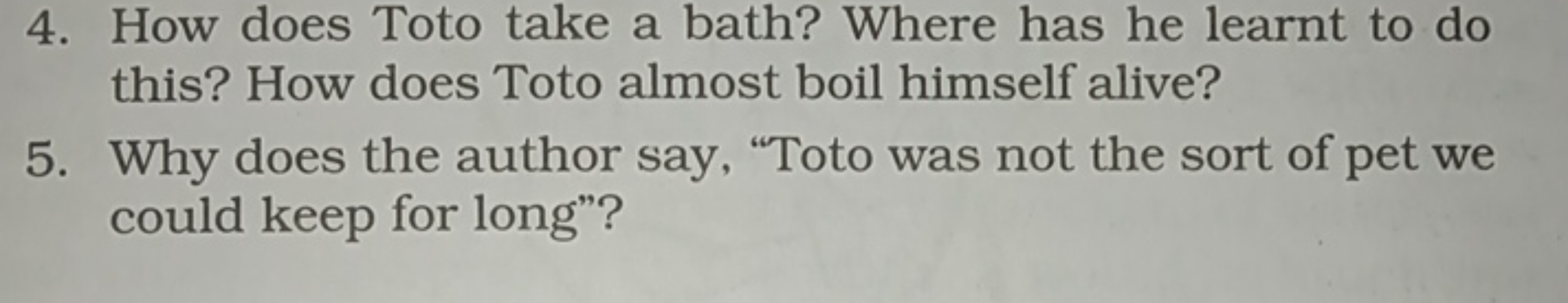 4. How does Toto take a bath? Where has he learnt to do this? How does