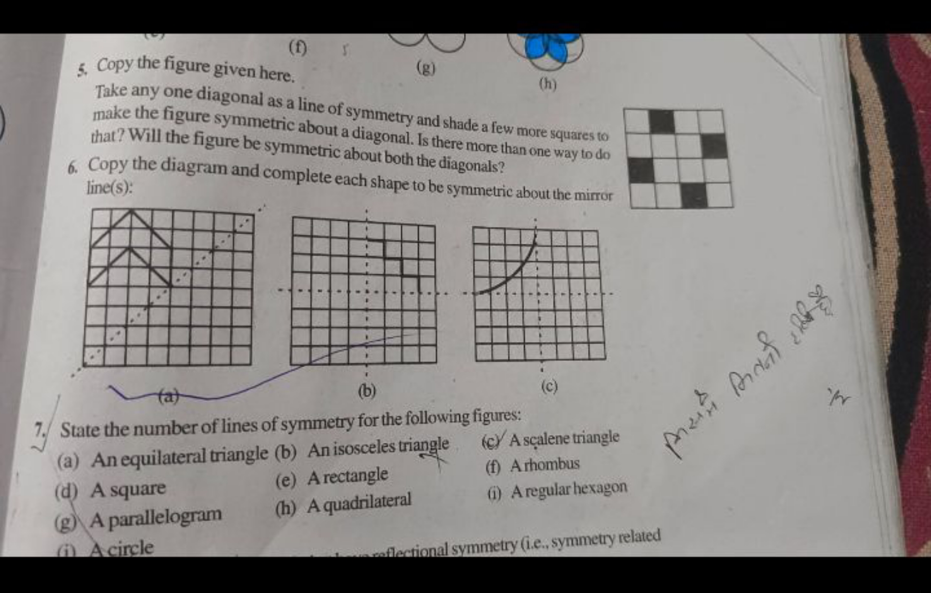 5. Copy the figure given here.
(h)

Take any one diagonal as a line of