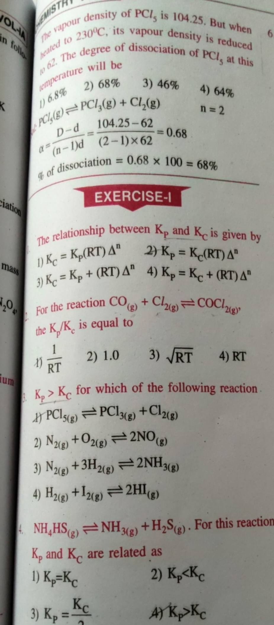 wapour density of PCl5​ is 104.25 . But when The 30∘C, its vapour dens