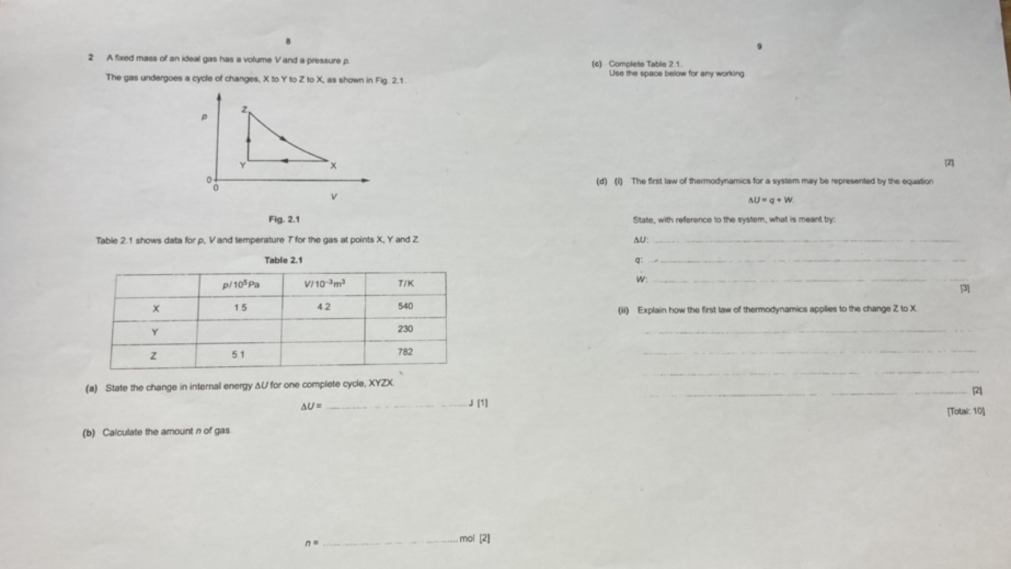 2 A foed mass of an ideal gas has a volume V and a pressure p.
The gas