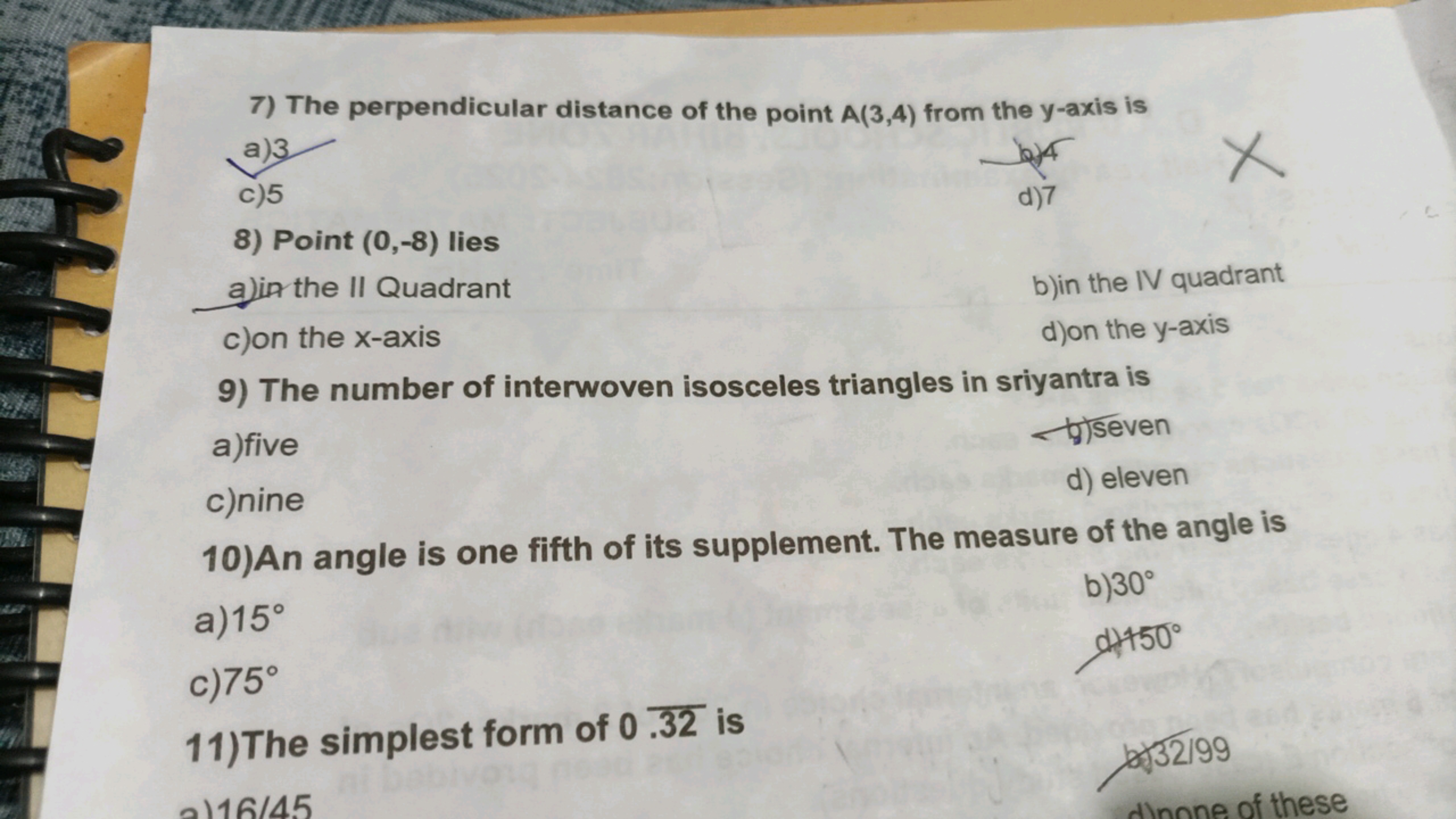 7) The perpendicular distance of the point A(3,4) from the y-axis is
a