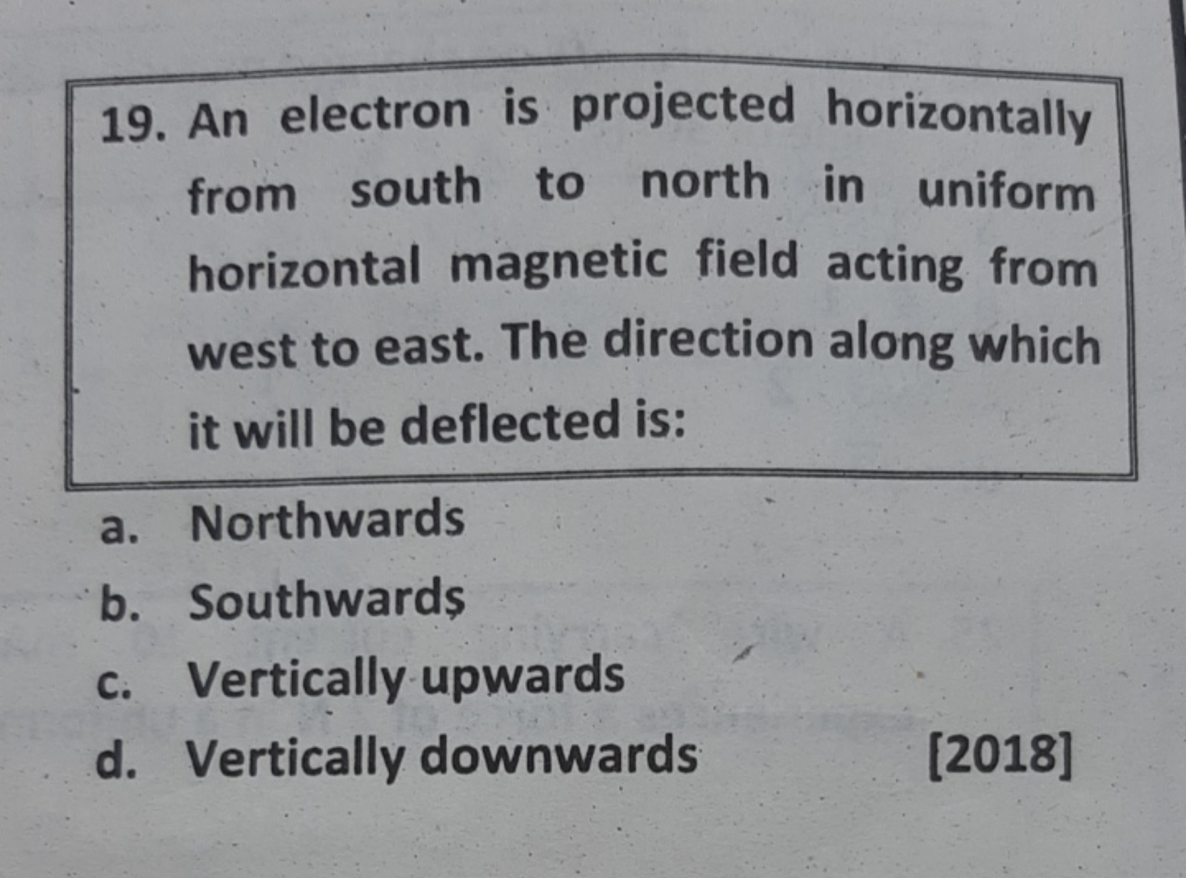 19. An electron is projected horizontally from south to north in unifo