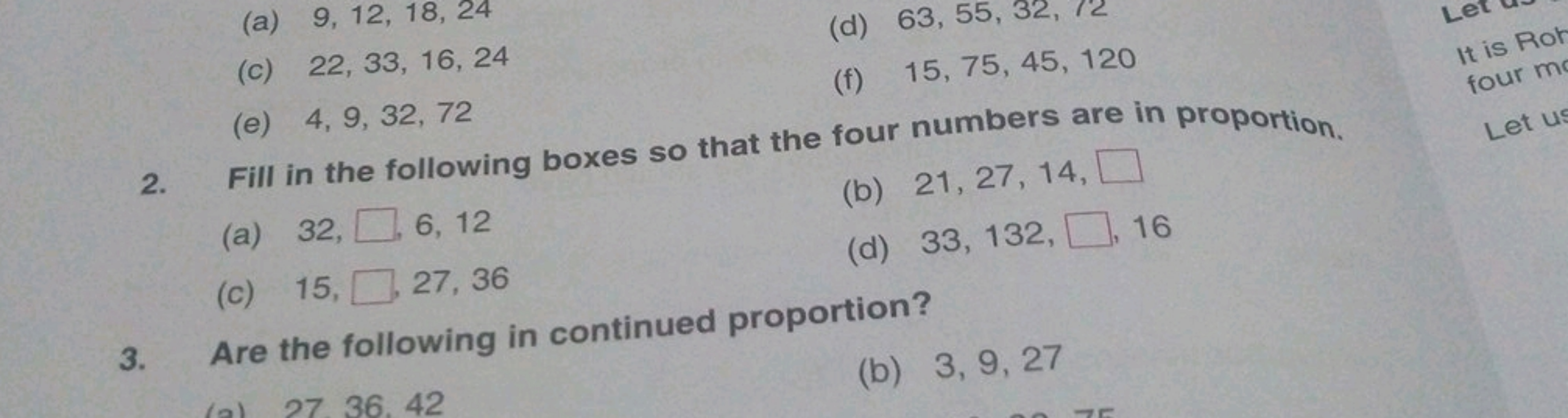 (a) 9,12,18,24
(c) 22,33,16,24
(f) 15,75,45,120
four m
2. Fill in the 