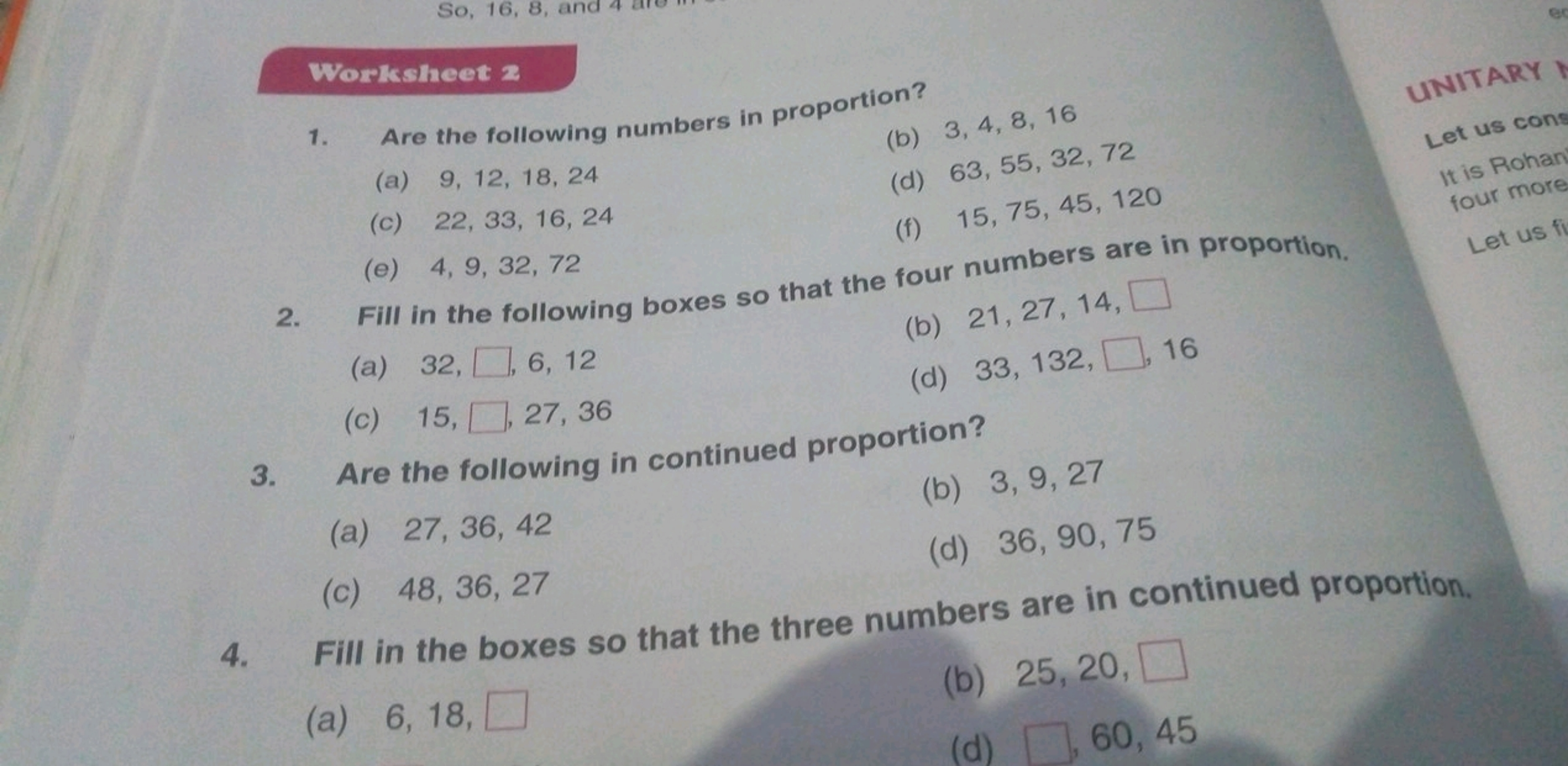 So, 16, 8, and
Worksheet 2
1.
Are the following numbers in proportion?