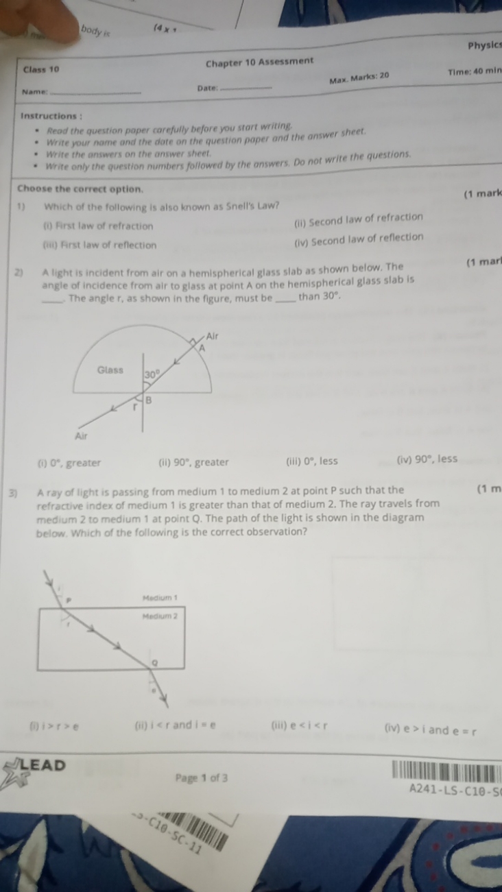 Class 10
Chapter 10 Assessment

Name: 
Date: 
Max. Marks: 20
Time: 40 