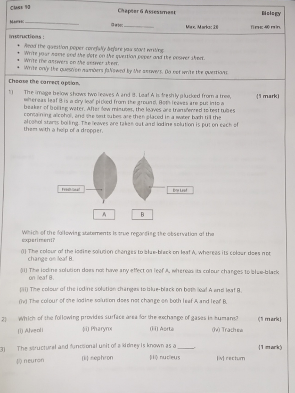 Class 10
Chapter 6 Assessment
Biology
Name: 
Date: 
Max, Marks: 20
Tim