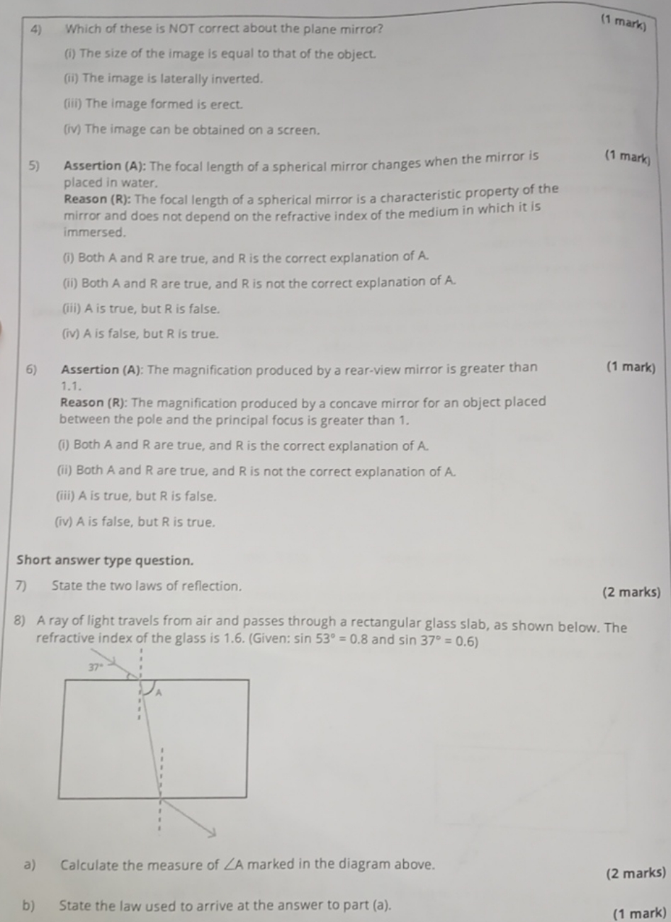 4) Which of these is NOT correct about the plane mirror?
(1 mark)
(i) 