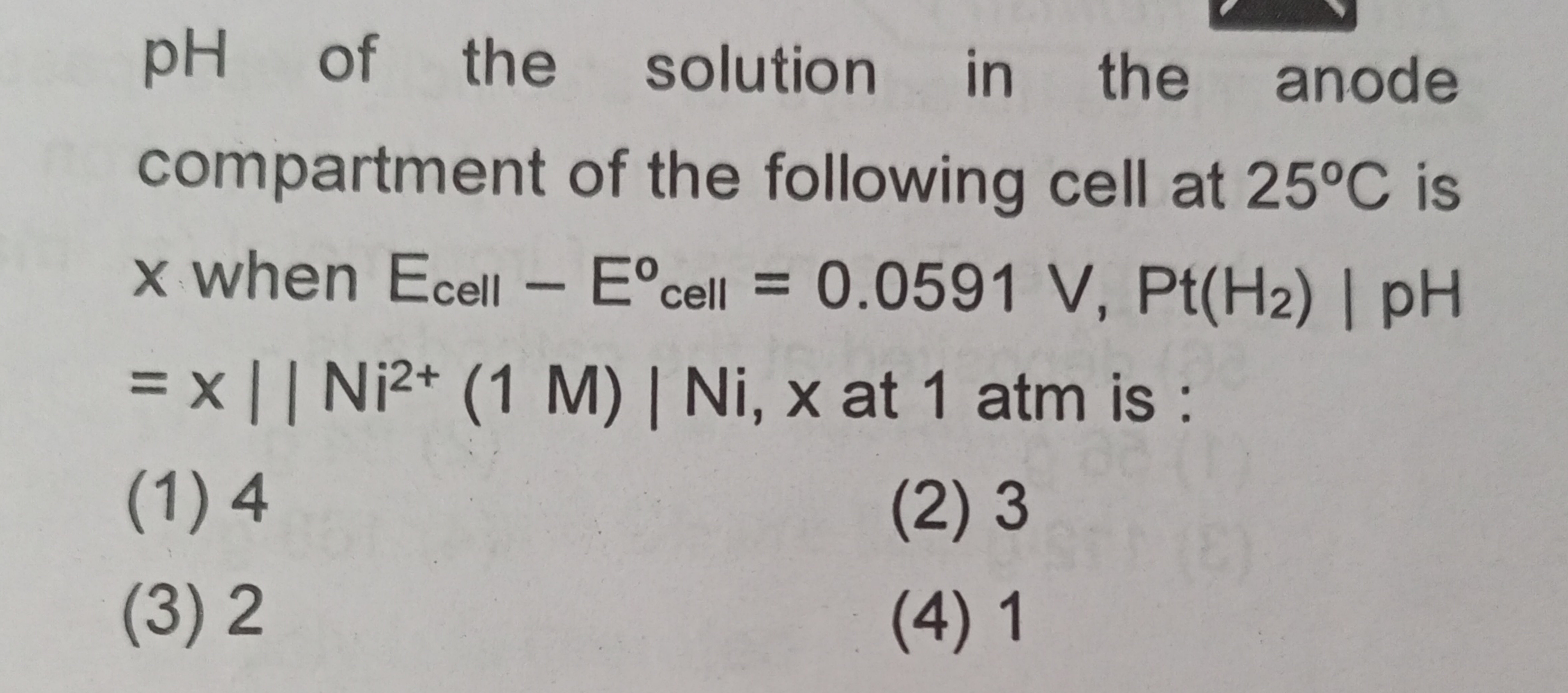 pH of the solution in the anode compartment of the following cell at 2