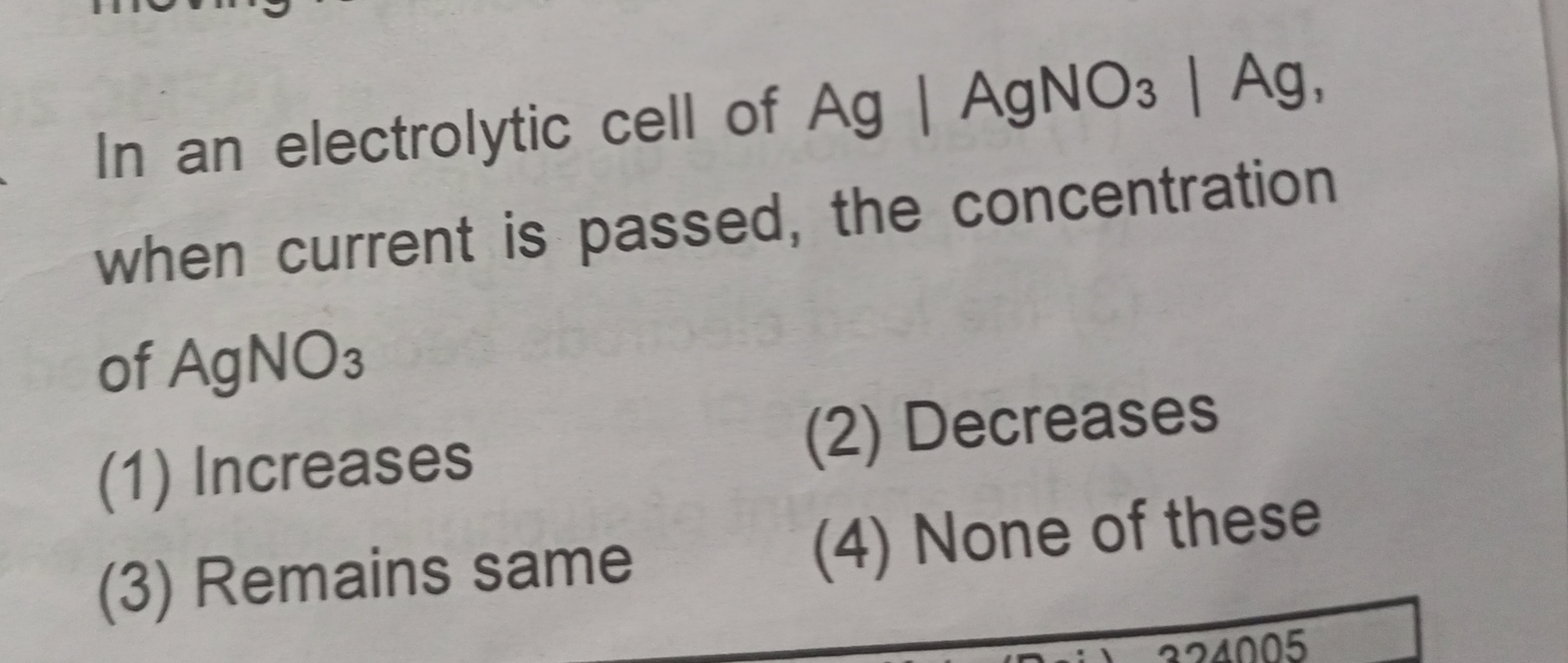 In an electrolytic cell of Ag | AgNO3 | Ag,
when current is passed, th