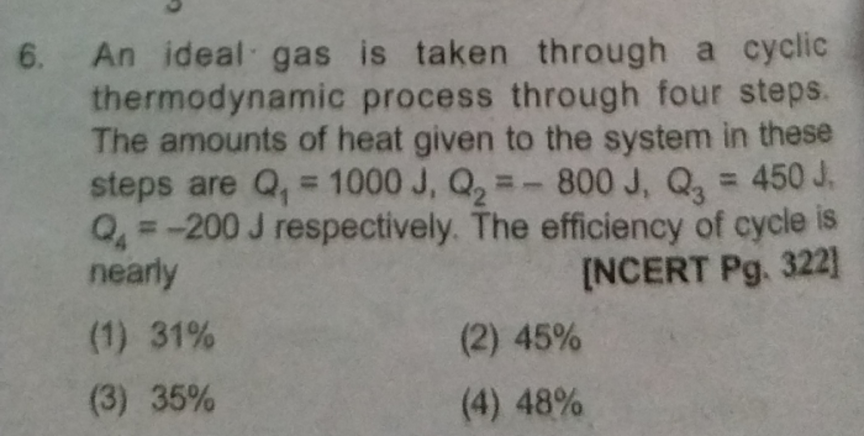 6. An ideal gas is taken through a cyclic thermodynamic process throug