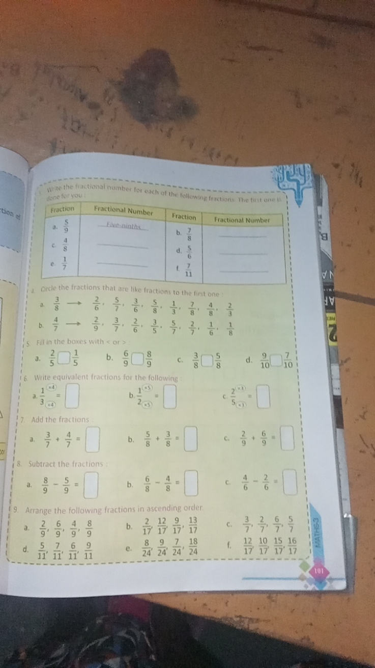 tion of
write the fractional number for each of the following fraction