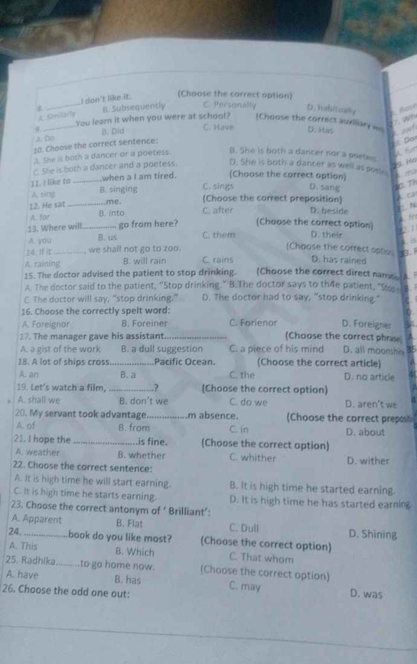 8.  Idon't like it:
(Choose the cerrect option)
t. 9 m ity
B. Subseque