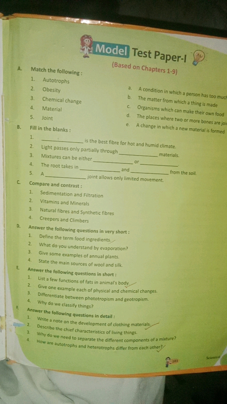 g
(72)
A. Match the following :
(Based on Chapters 1-9)
1. Autotrophs
