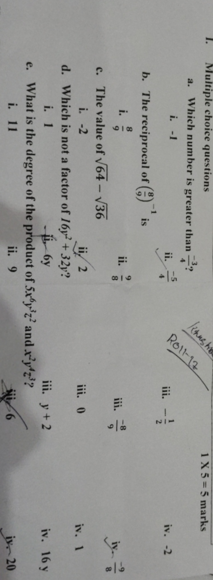 1. Multiple choice questions
a. Which number is greater than 4−3​ ?
i.