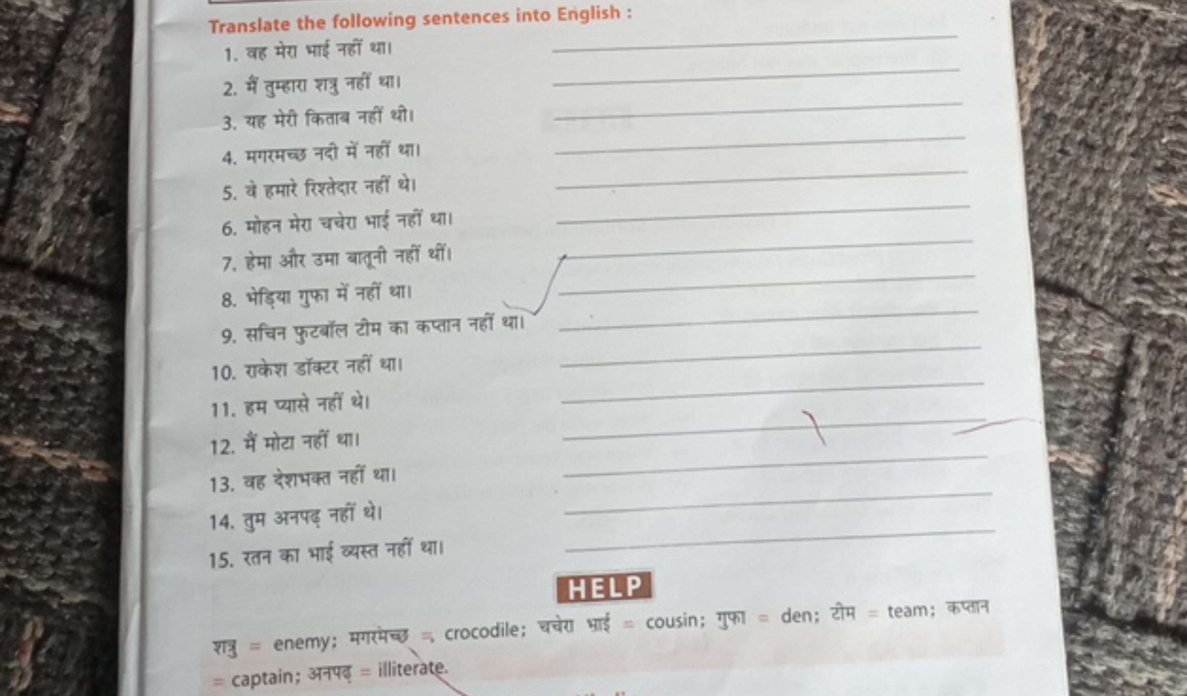 Translate the following sentences into English :
1. वह मेरा भाई नहीं थ