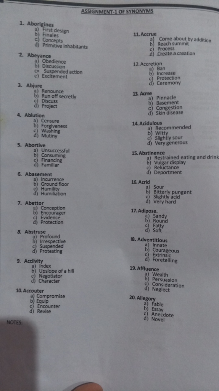 ASSIGNMENT-1 OF SYNONYMS
1. Aborigines
a) First design
b) Finales
c) C