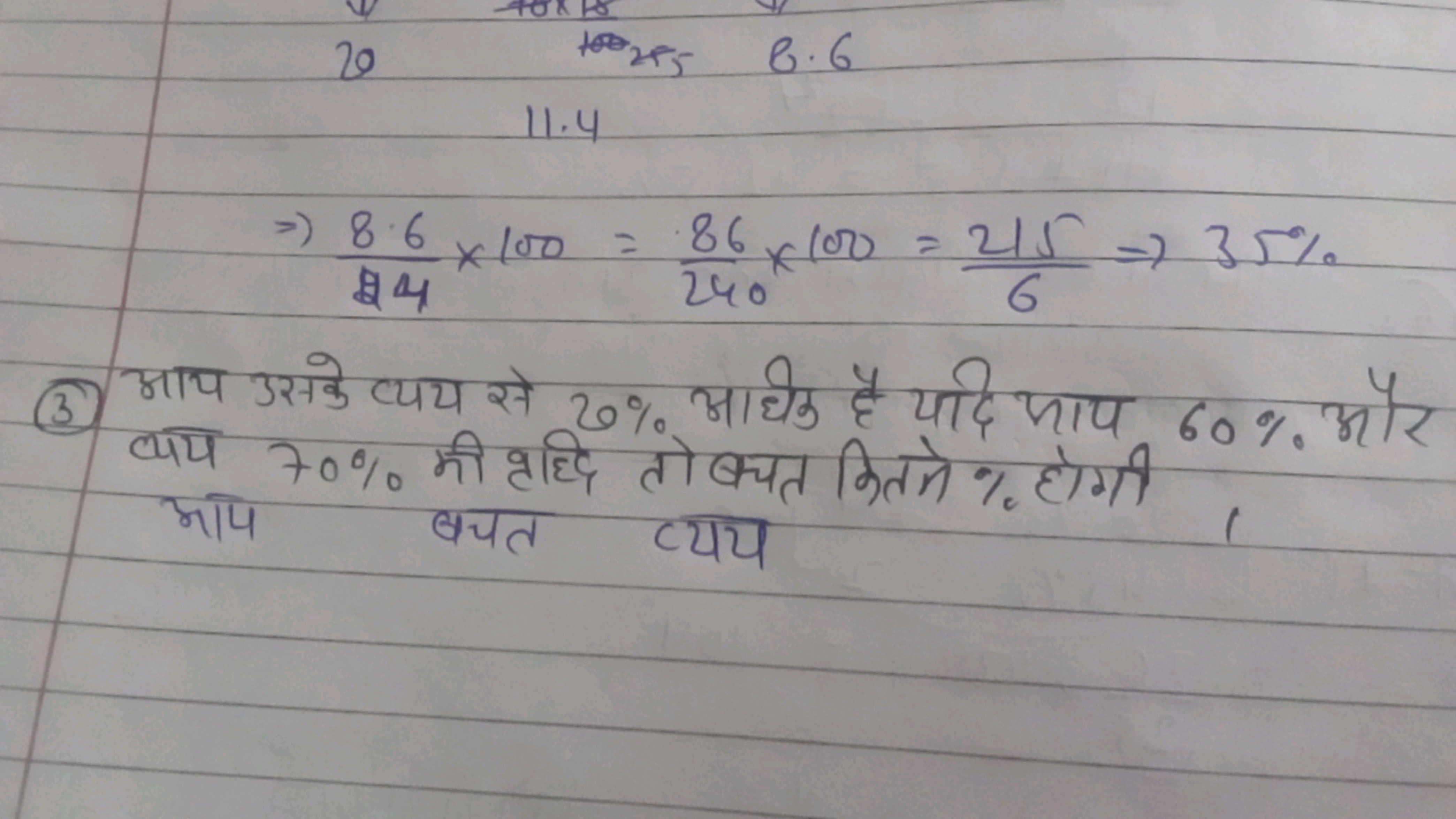 ⇒248.6​×100=24086​×100=6215​⇒35%
(3) आय उसके व्यय से 20% अधिक है यदि ज