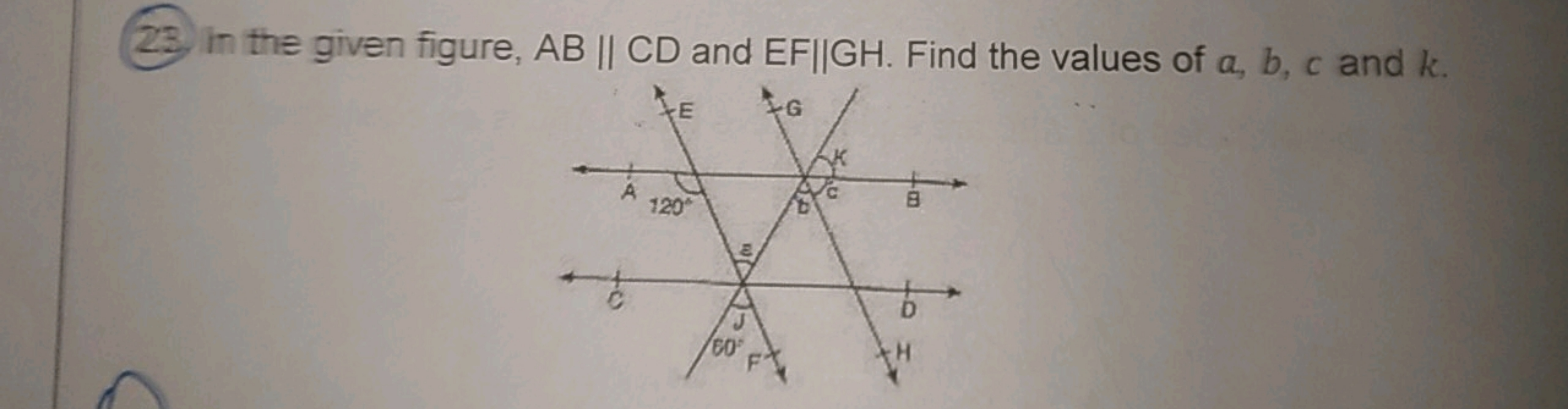 23. In the given figure, AB∥CD and EF∥GH. Find the values of a,b,c and