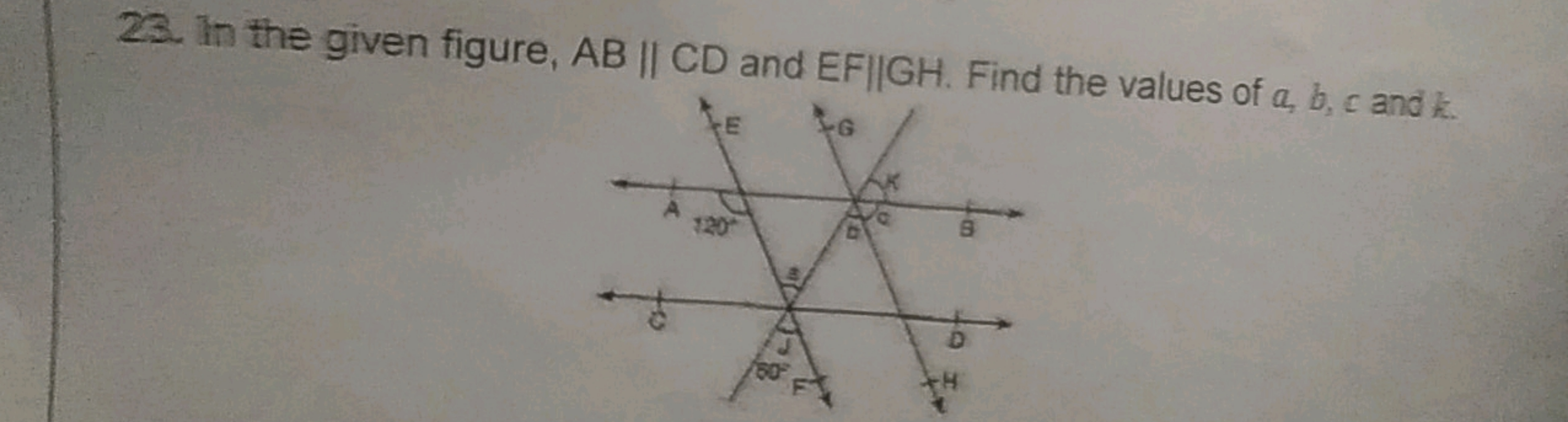 23. In the given figure, AB || CD and EFIIGH. Find the values of a, b,